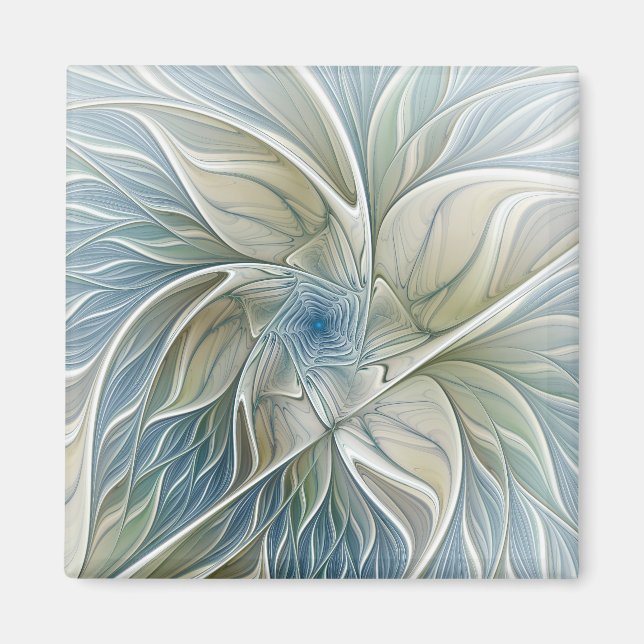 Floral Dream Pattern Abstract Blue Khaki Fractal Magnet (Front)