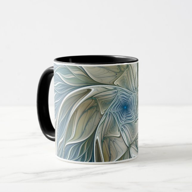Floral Dream Pattern Abstract Blue Khaki Fractal Mug (Front Left)