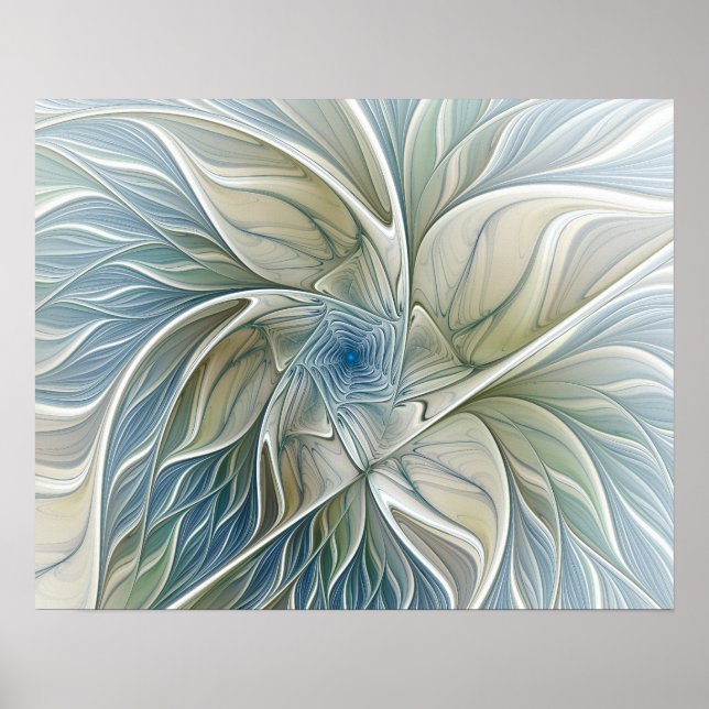 Floral Dream Pattern Abstract Blue Khaki Fractal Poster (Front)