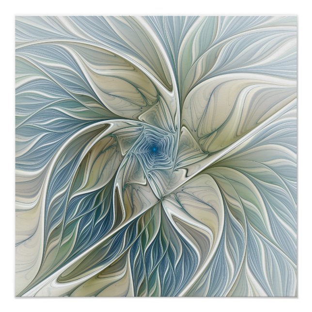 Floral Dream Pattern Abstract Blue Khaki Fractal Poster (Front)