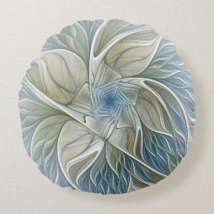 Floral Dream Pattern Abstract Blue Khaki Fractal Round Cushion