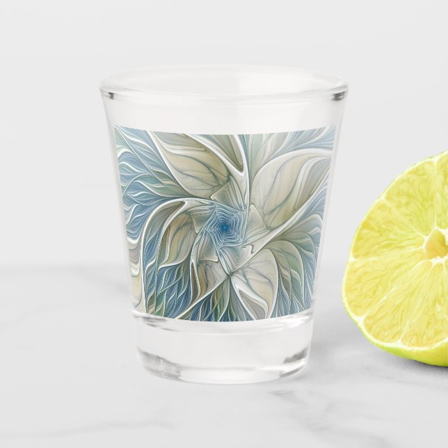 Floral Dream Pattern Abstract Blue Khaki Fractal Shot Glass (Front)