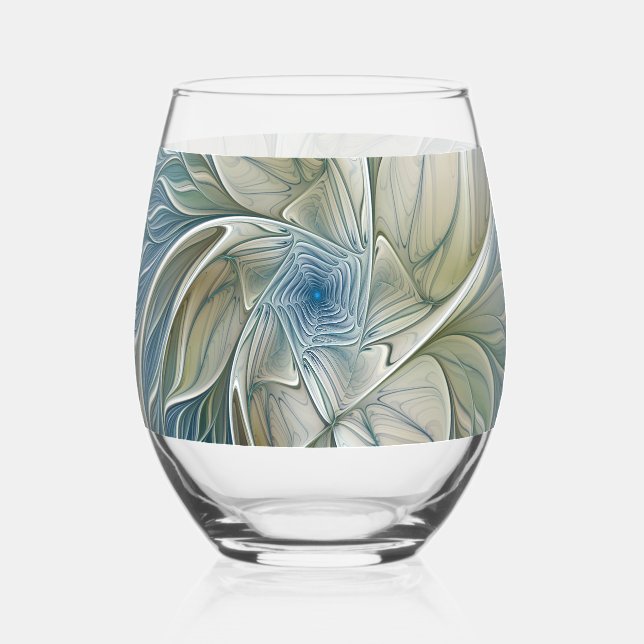Floral Dream Pattern Abstract Blue Khaki Fractal Stemless Wine Glass (Front)