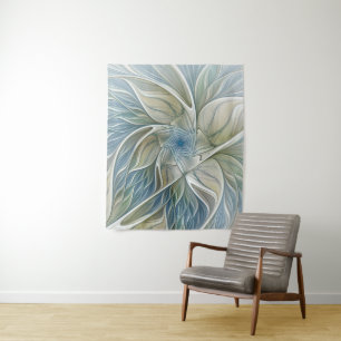 Floral Dream Pattern Abstract Blue Khaki Fractal Tapestry