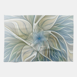 Floral Dream Pattern Abstract Blue Khaki Fractal Tea Towel