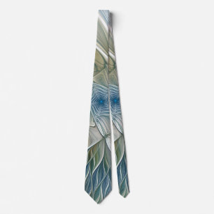Floral Dream Pattern Abstract Blue Khaki Fractal Tie