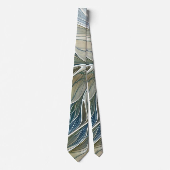 Floral Dream Pattern Abstract Blue Khaki Fractal Tie (Front)