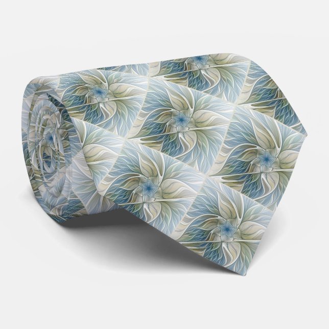 Floral Dream Pattern Abstract Blue Khaki Fractal Tie (Rolled)