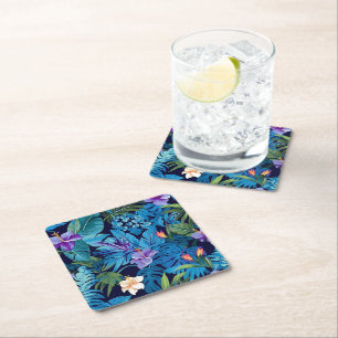 'Floral Dreams' - Tropical floral design Square Paper Coaster