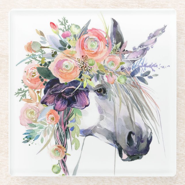 Floral Dressed Unicorn Glass Coaster (Front)