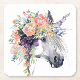 Floral Dressed Unicorn Square Paper Coaster