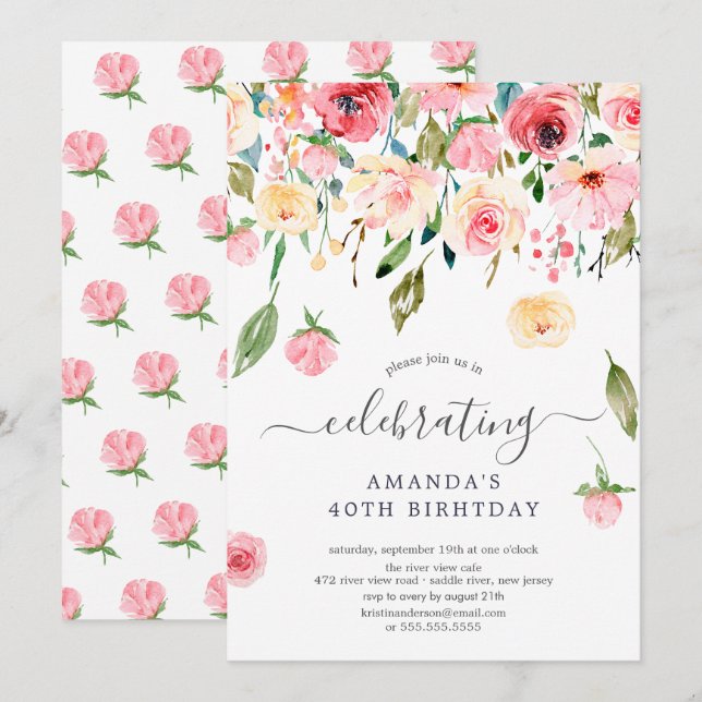 Floral Drop Pink Peonies Birthday Party Invitation (Front/Back)