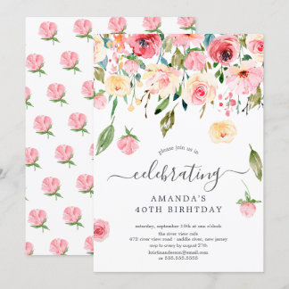 Floral Drop Pink Peonies Birthday Party Invitation