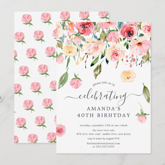 Floral Drop Pink Peonies Birthday Party Invitation (Front/Back)