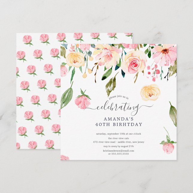 Floral Drop Pink Peonies Birthday Party Invitation (Front/Back)