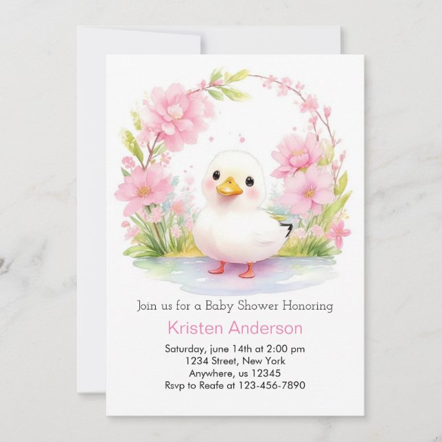 Floral Duck Enchanted Pink Girl Baby Shower Invitation (Front)