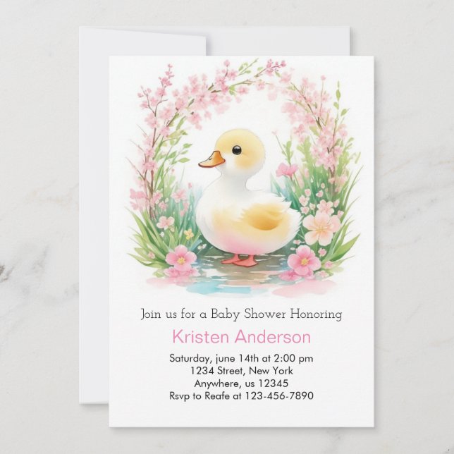 Floral Duckling Cute Pink Girl Baby Shower Invitation (Front)