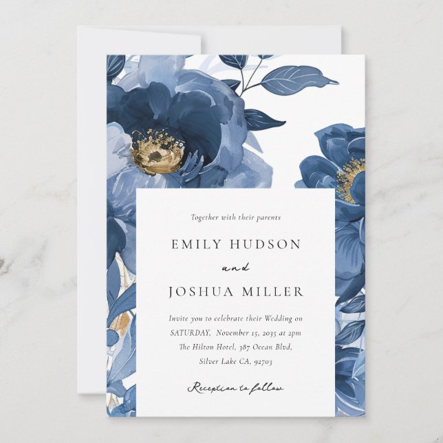 Floral Dusky Blue Gold Elegant Wedding Invitation (Front)