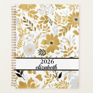 Floral dusty black & gold name script  planner