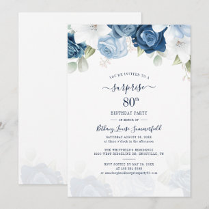 Floral Dusty Blue 80th Birthday Party Invitation