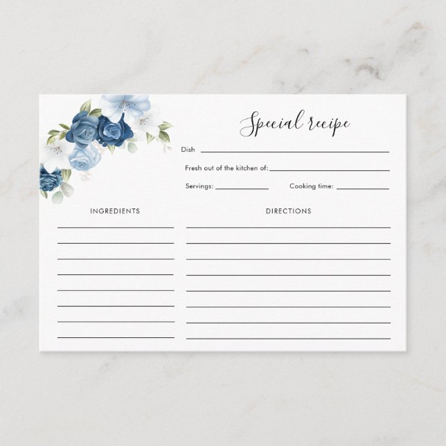 Floral Dusty Blue Bloom Bridal Shower Recipe Enclosure Card (Front)