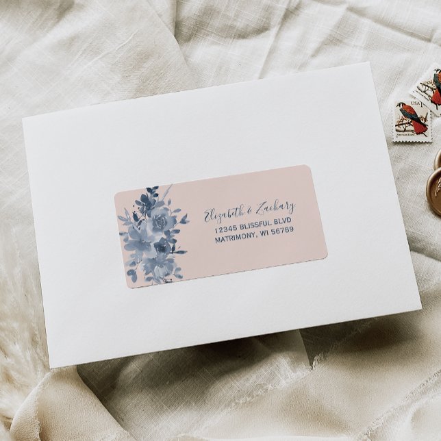 Floral Dusty Blue Blush Wedding RSVP Address Label (Creator Uploaded)