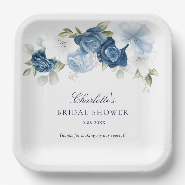 Floral Dusty Blue Botanical Bridal Shower Paper Plate (Front)