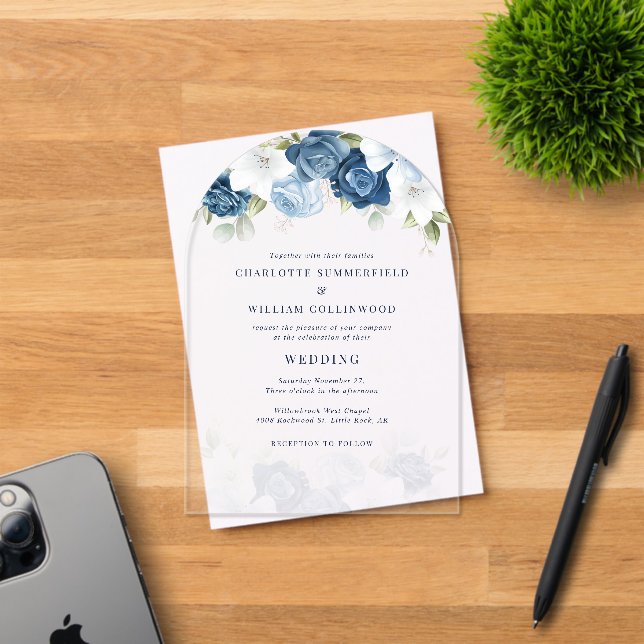 Floral Dusty Blue Botanical Wedding Acrylic Invitations (Insitu (Invitation Card))