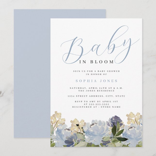 Floral Dusty Blue Boy Baby in Bloom Baby Shower   Invitation (Front/Back)