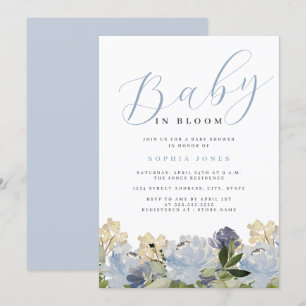 Floral Dusty Blue Boy Baby in Bloom Baby Shower   Invitation