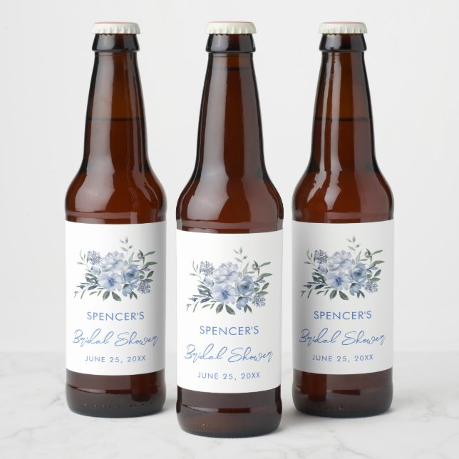 Floral Dusty Blue Bridal Shower Favour Beer Bottle Label (Bottles)