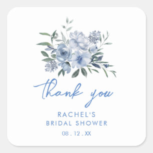 Floral Dusty Blue Bridal Shower Favour Square Sticker