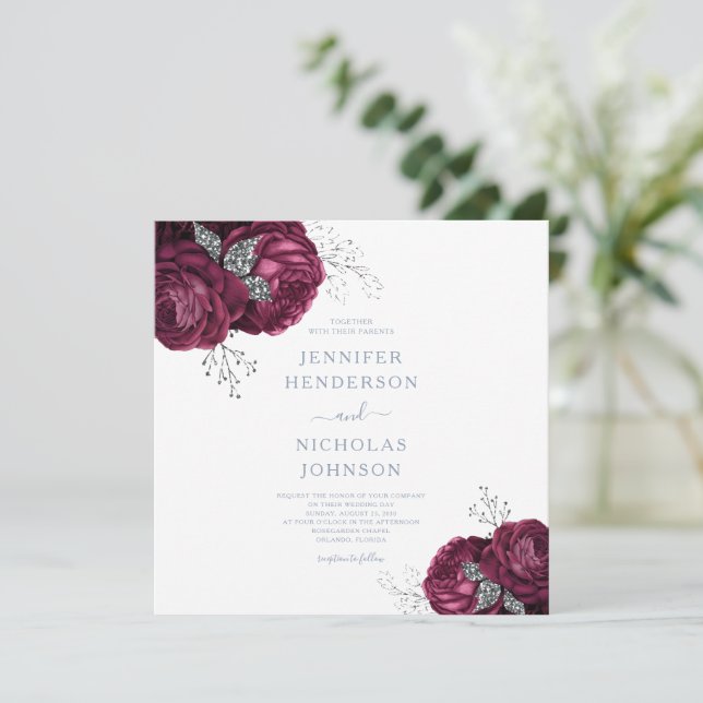 Floral Dusty Blue Burgundy Peonies Elegant Wedding Invitation (Standing Front)