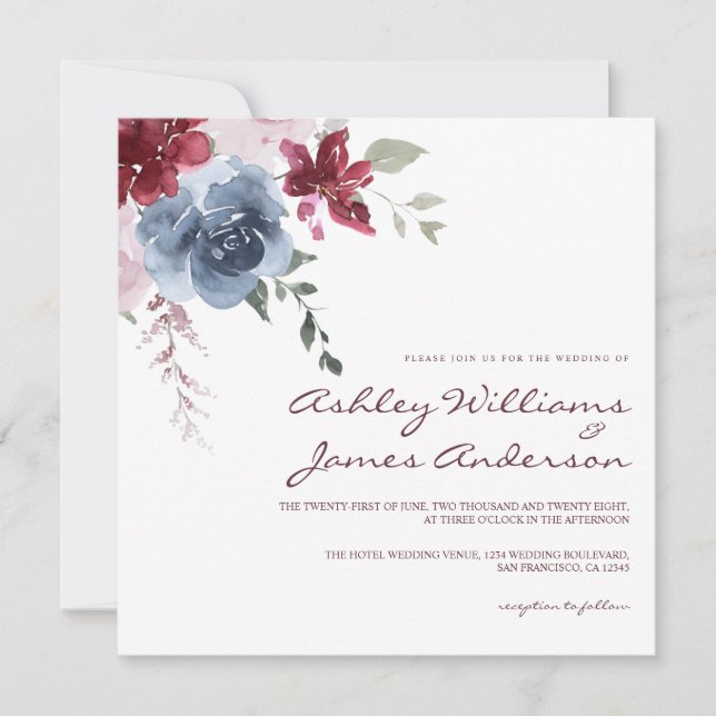 Floral Dusty Blue Burgundy Rose Elegant Wedding In Invitation (Front)