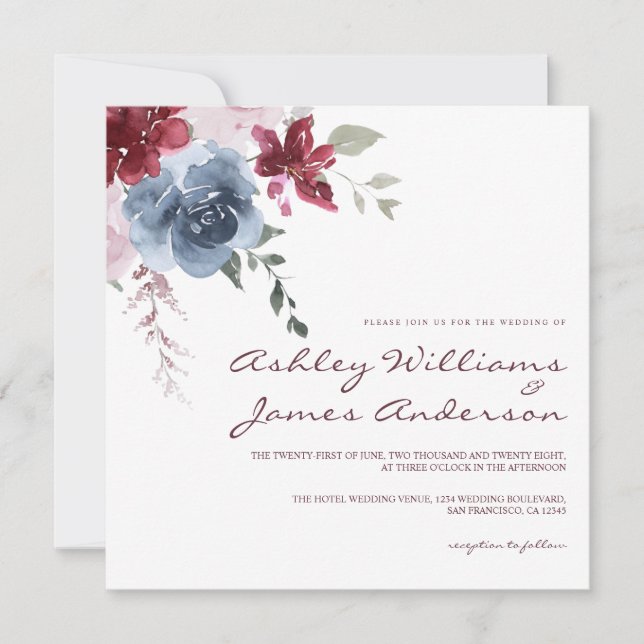 Floral Dusty Blue Burgundy Rose Elegant Wedding Invitation (Front)