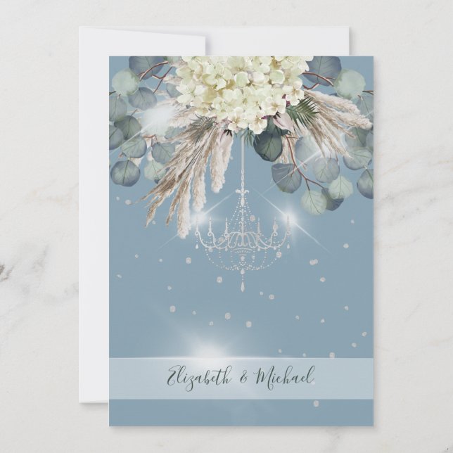 Floral Dusty Blue Chandelier Elegant Wedding Invitation (Back)