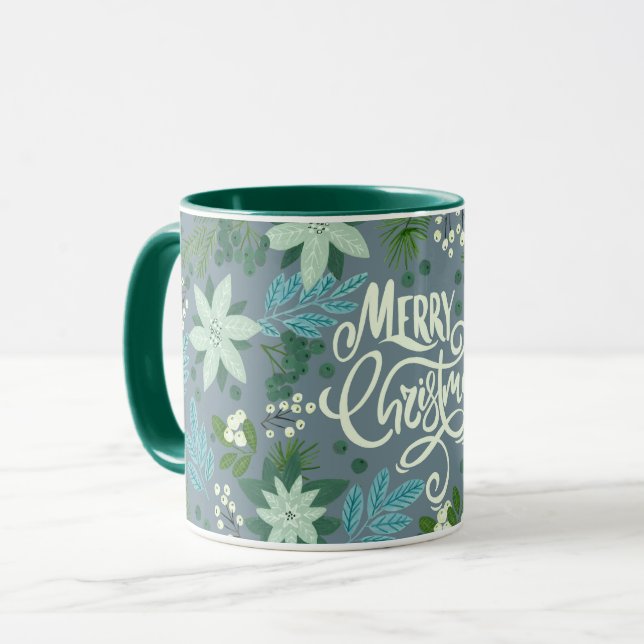 Floral dusty blue Christmas lettering Mug (Front Left)