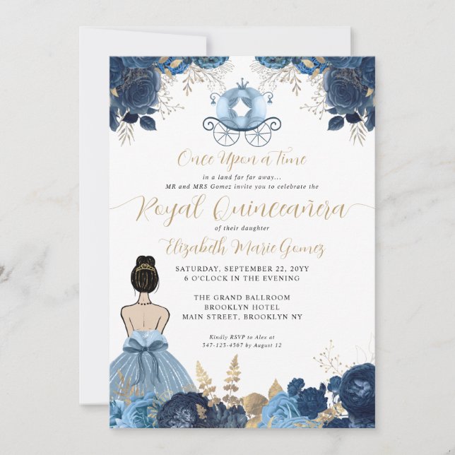 Floral Dusty Blue Cinderella Royal Quinceanera Invitation (Front)