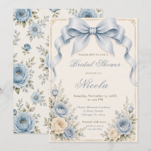 Floral Dusty Blue Coquette Bow Bridal Shower Invitation