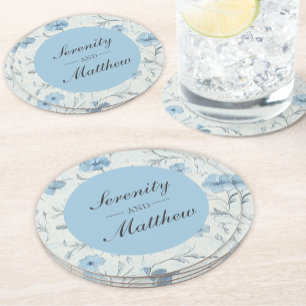 Floral Dusty Blue Country Garden Elegant Wedding Round Paper Coaster