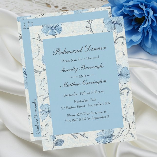 Floral Dusty Blue Country Garden Rehearsal Dinner Invitation Postcard (Creator Uploaded)