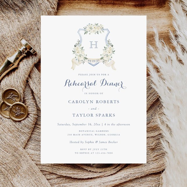 Floral Dusty Blue Crest Rehearsal Dinner Wedding Invitation (Creator Uploaded)