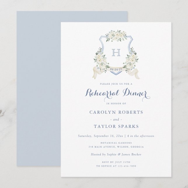 Floral Dusty Blue Crest Rehearsal Dinner Wedding Invitation (Front/Back)