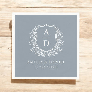 Floral Dusty Blue Crest Wedding Monogram Napkin