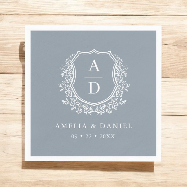 Floral Dusty Blue Crest Wedding Monogram Napkin (Creator Uploaded)
