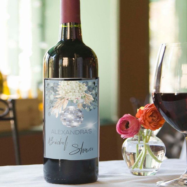 Floral Dusty Blue Disco Bridal Shower Wine Label (Creator Uploaded)