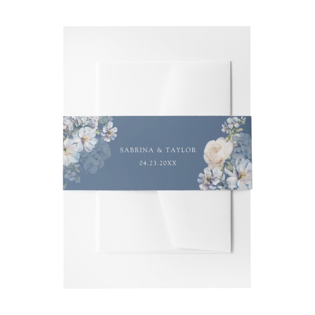Floral Dusty Blue Elegant Roses Wedding Invitation Belly Band (Front Example)