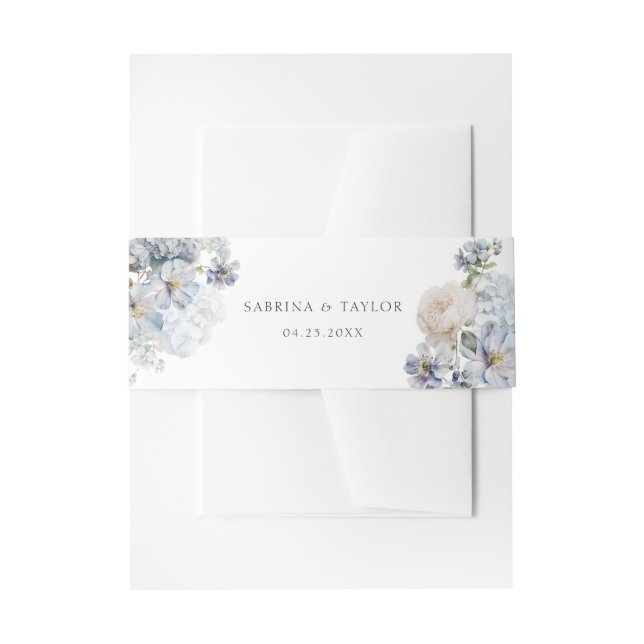 Floral Dusty Blue Elegant Roses Wedding Invitation Belly Band (Front Example)