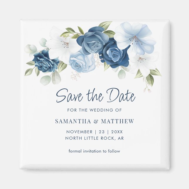 Floral Dusty Blue Elegant Save the Date Magnet (Front)