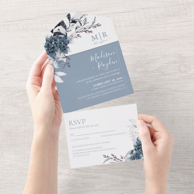 Floral Dusty Blue Elegant Wedding All In One Invitation (Tearaway)